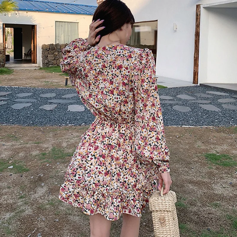 

Women Long Puff Sleeve Floral Print Dresses Sweet High Waist Dress Cute Ruffle Vestido