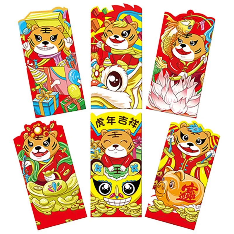 

6Pcs 2022 Chinese New Year Red Envelopes Cartoon Tiger Hongbao Spring Festival Money Pockets Wedding Lucky Packets Gift Bag