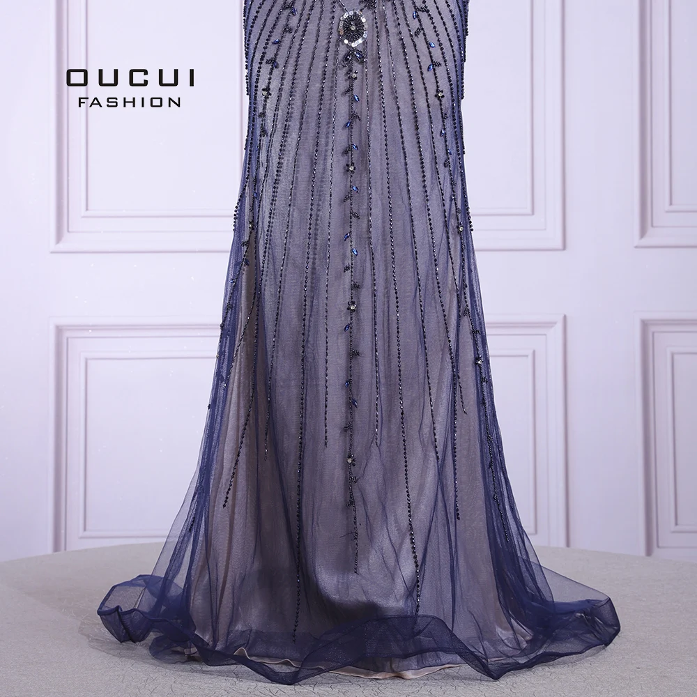 

Luxury Crystal Cup Sleeves Navy Mermaid Long Elegant Evening Dress Formal Beaded Robe De Soiree Dubai Design Gown OL103654