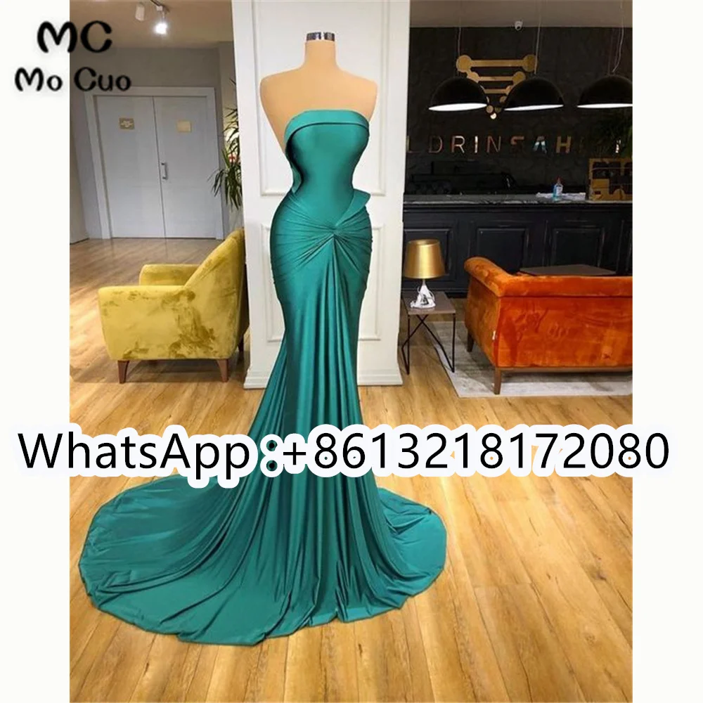 

2021 Teal Strapless Prom Evening Dresses Long Pleat Court Train Silk Satin Robe De Soiree Party Prom Gown
