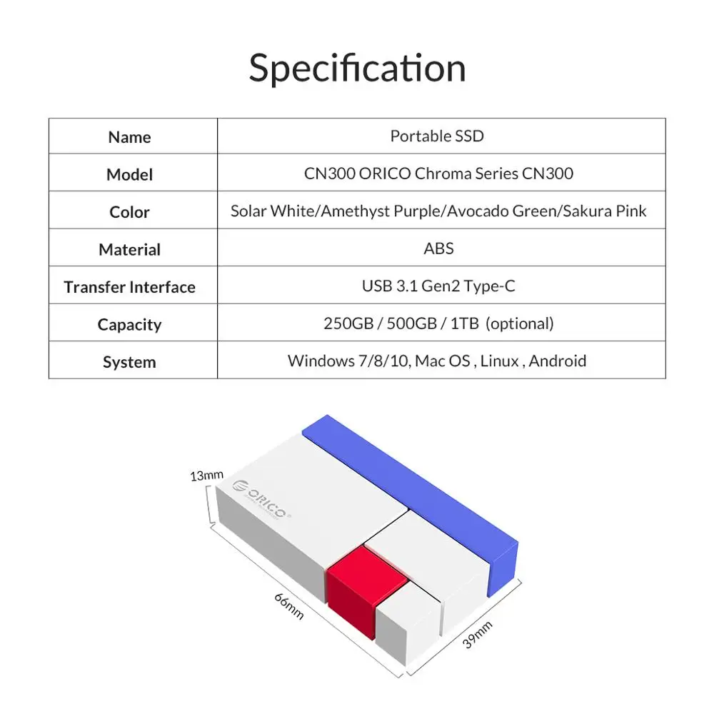 ORICO Chroma  SSD   1  500  250    SSD USB C 3, 1 Gen2