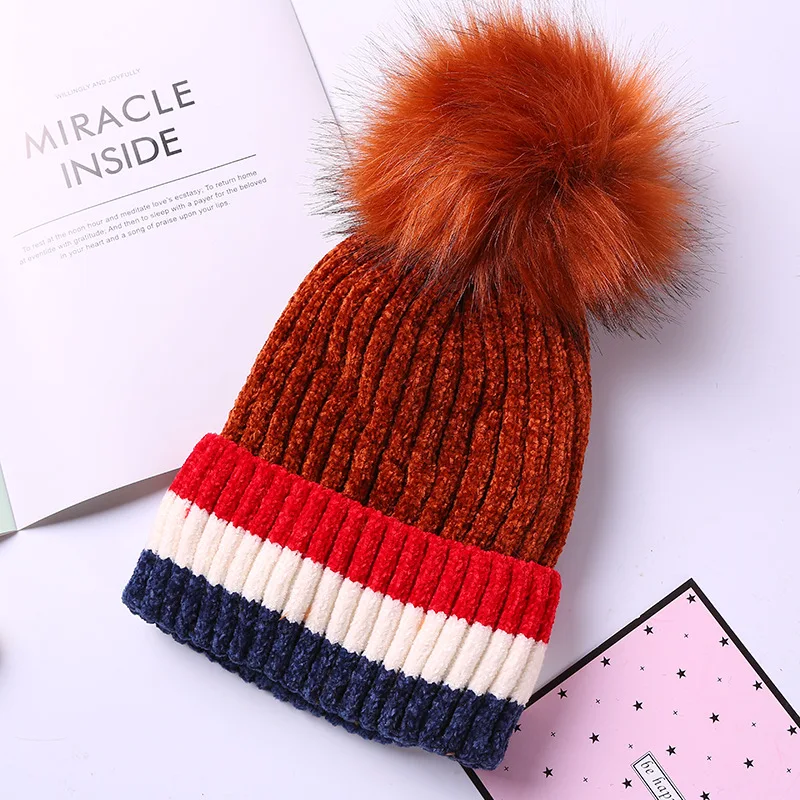 02 burgundy Новинка; зимние вязаные шапки Skullies Beanies из плотного искусственного меха с помпоном; женские теплые шапки в полоску; вязаная шапка с меховым помпоном - Цвет: 02 burgundy