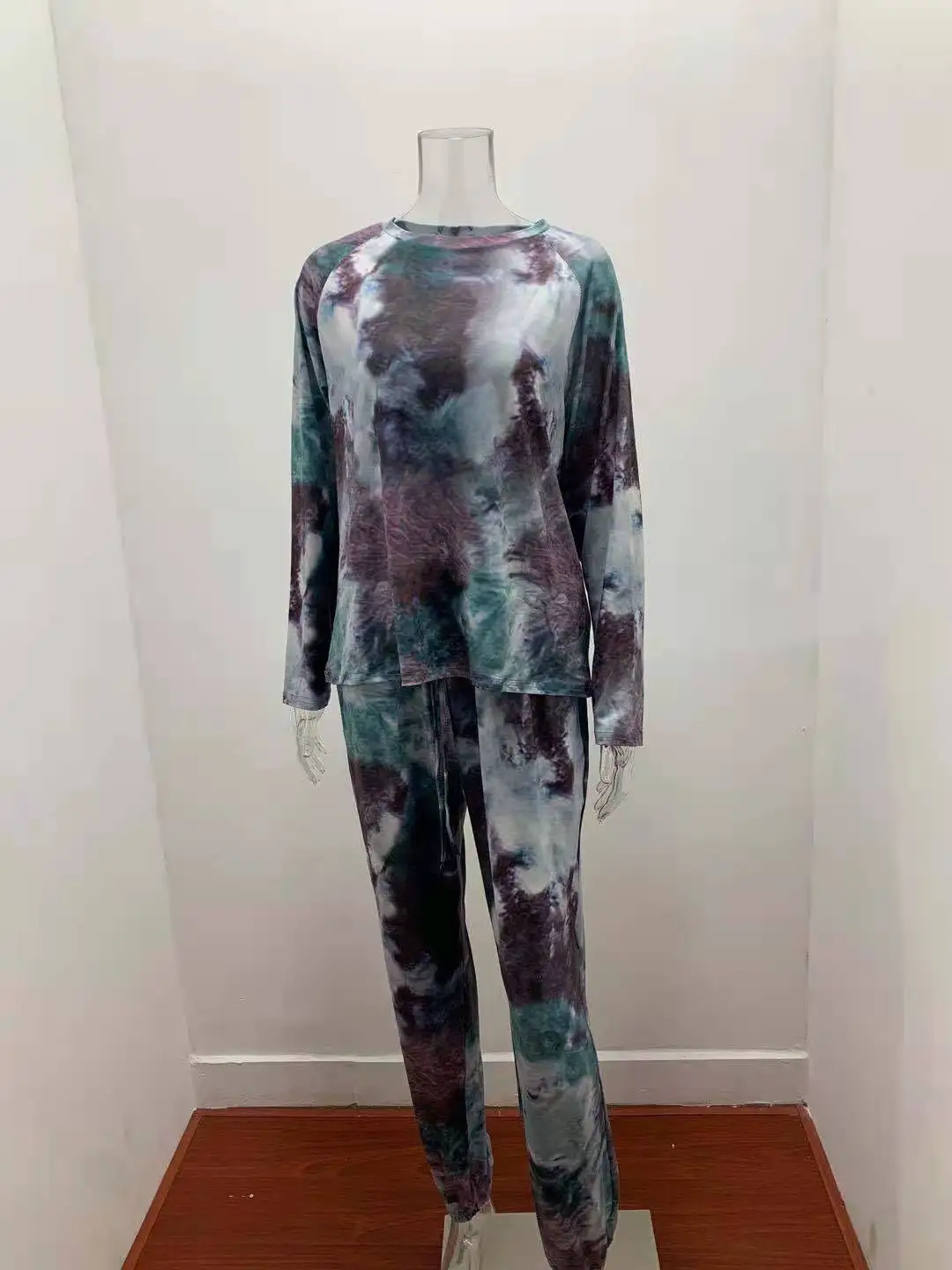 

2021 Europe and the United States women's tie dye printing long sleeve pajamas pants household cloth is comfortable