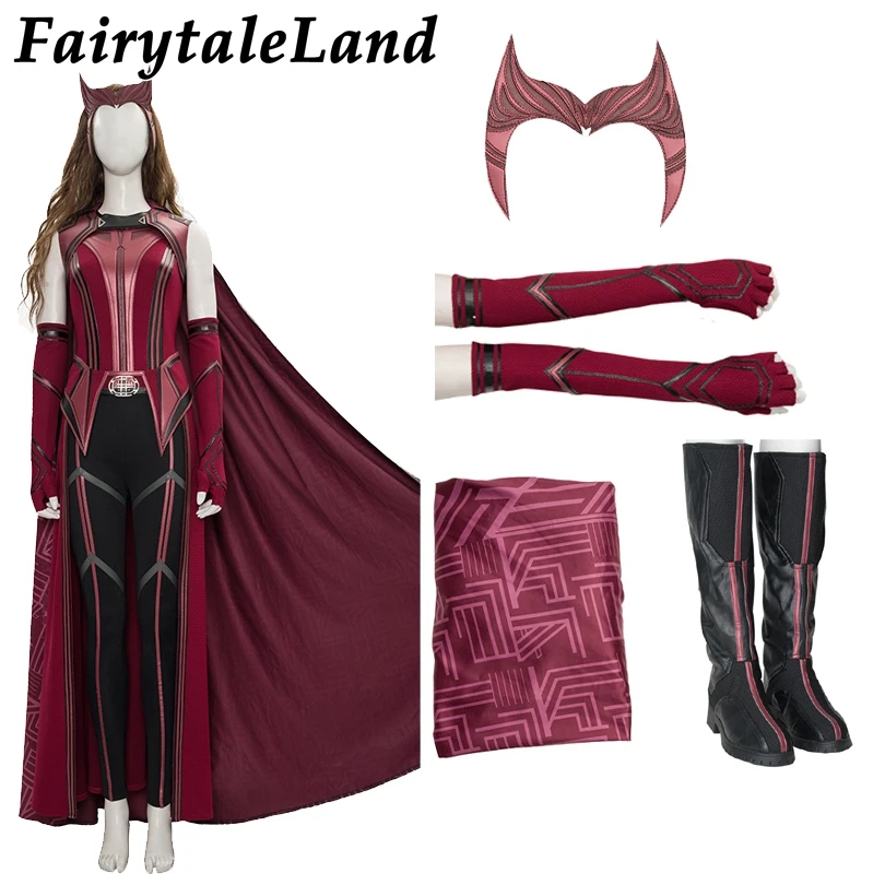 

Halloween Carnival Superheroine Wanda Outfit Scarlet Cosplay Witch Costume Maximoff Red Suit with Mask High Heel Boots