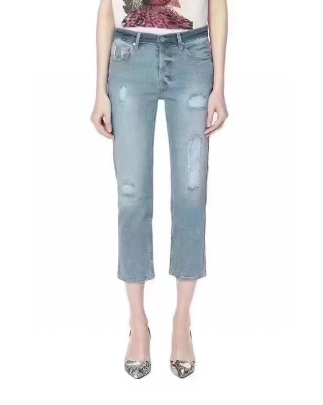 

Women Jeans Pants Light Blue Washed Denim Hole Cropped Wide-leg Pants