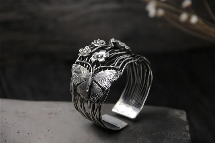 925 sterling silver Bracelet Bangle Women Retro Butterfly Wide Version Open Bracelets Bangles Women Jewelry Fine