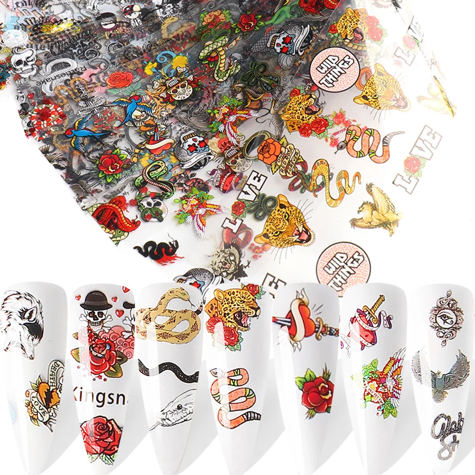 10 шт. наклейки для ногтей в виде змеи черепа тигра дракона бабочки Лазерная