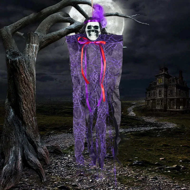 

Purple Clothes Hanging Ghost Halloween Horror Decorations Outdoor Indoor Bar Party Wall Ornaments Scary Haunted House Skull Prop