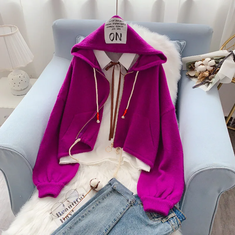

SONG YI Hooded Sweater Jacket Women's Short Top Loose Bat Sleeves Lazy Style 2022 Spring Autumn New Solid Knitted Cardigan A0243