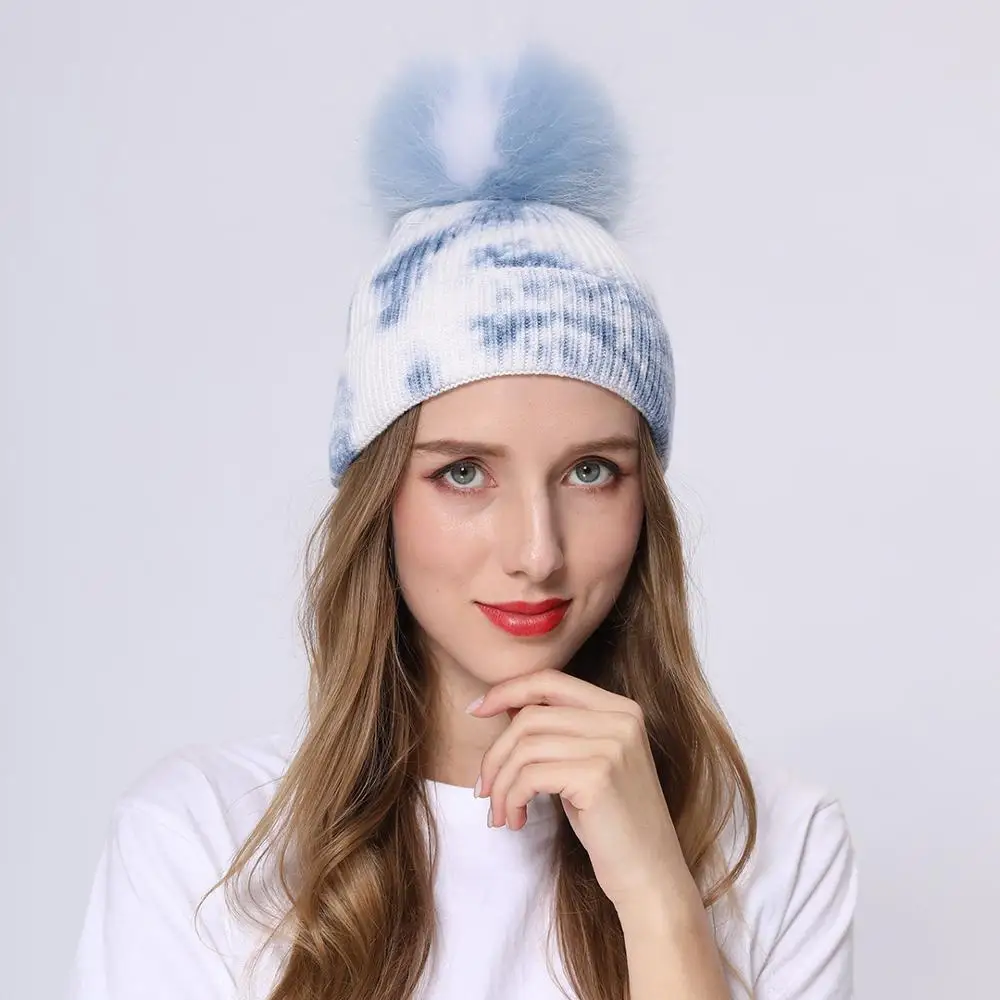 

Tie Dye Beanie Hat New Colorful Fashion Gorros Raccoon Fur Pompom Hats Kid Soft Warm Wool Knit Cap Winter Wholesale