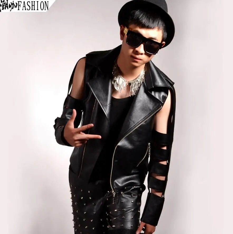 

The Europe And United States Large Size Punk Hollow Sleeves Pu Leather Dj Hip-hop Rock Men Singer Black Motorcycle Coat / S-5xl