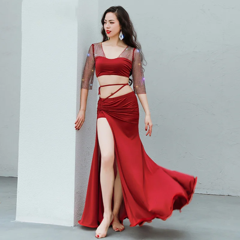 

Восточный танец живота Классический танец Двухцветные двухслойные штаны для танцев с разрезом Современные танцевальные костюмы для высту...