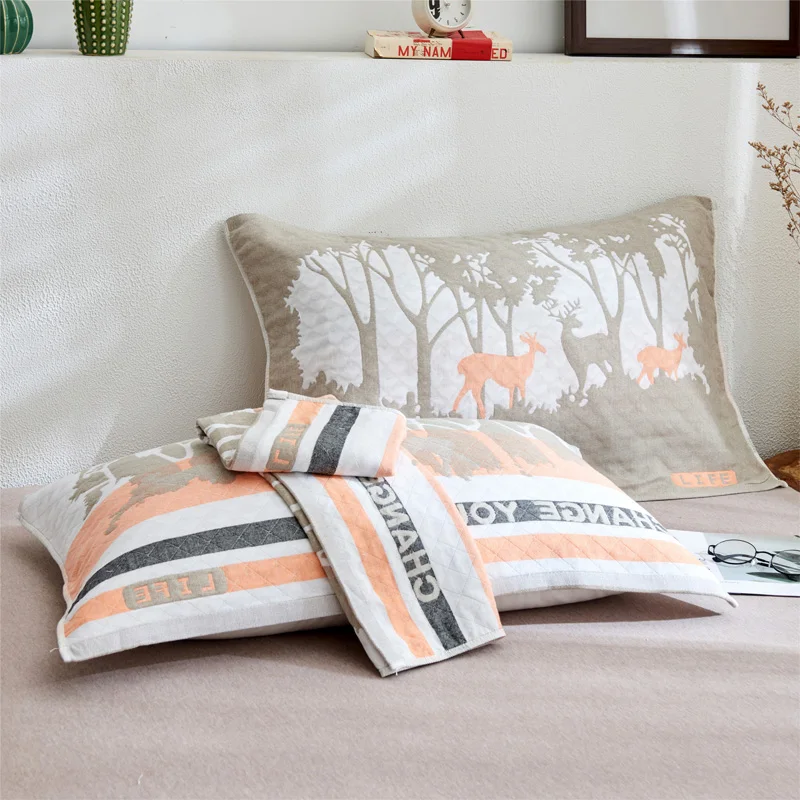 

2pc Grid Sleep Pillow Cover Pillow Towel 100%Cotton Gauze Fabric 78*52cm Leaf Ship Deer Single PillowCase Home Textile No Pillow