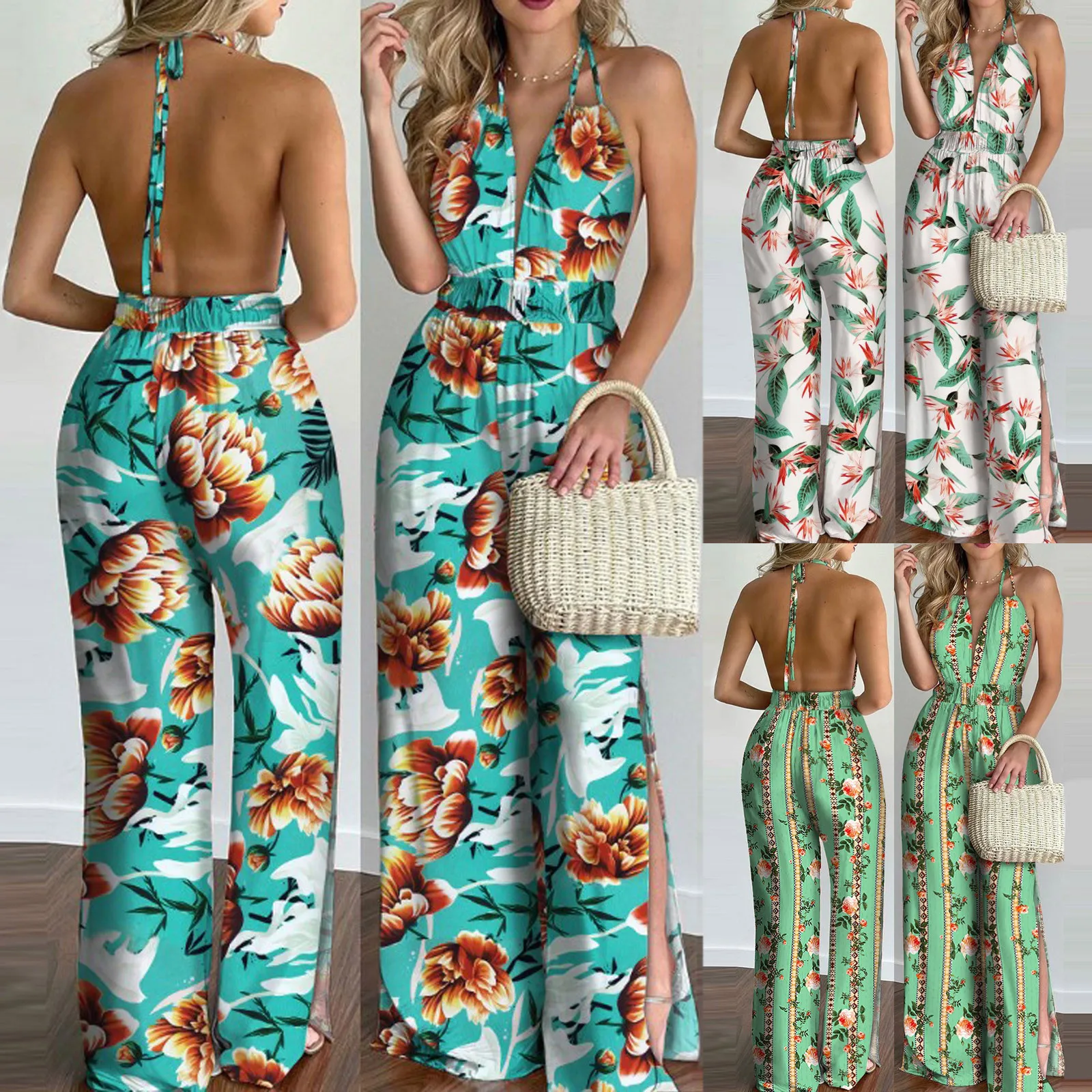 

2021 Dresses For Women Fashion Halter Backless Dress Ladies Summer Slit Leg Floral Print Jumpsuit Daily плае ленее женское
