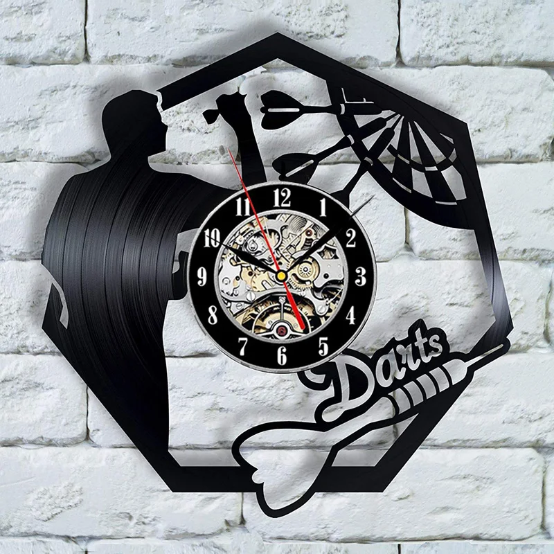 

Darts Wall Art Clock with LED Niht Light Dart Board Vinyl Record Wall Clock Man Cave Pub Bar Darts Game Night Club Decoration