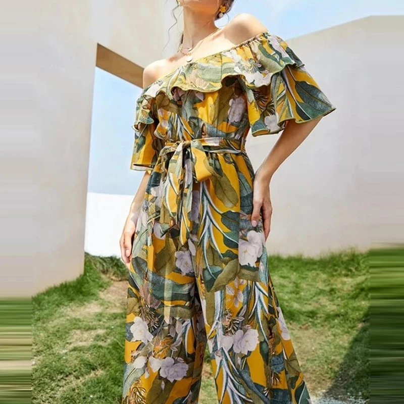 

Summer Women Slim Sexy Off-shoulder Printed Short Sleeves Jumpsuits Casual Wide-leg Long Pants Elegant Chiffon Ladies Jumpsuits