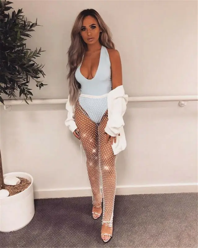 

Crystal Diamond Shiny Women Pants Sexy Elastic Fishnet Long Trousers See Through Mesh Transparent Pants Elegant Vintage Pants