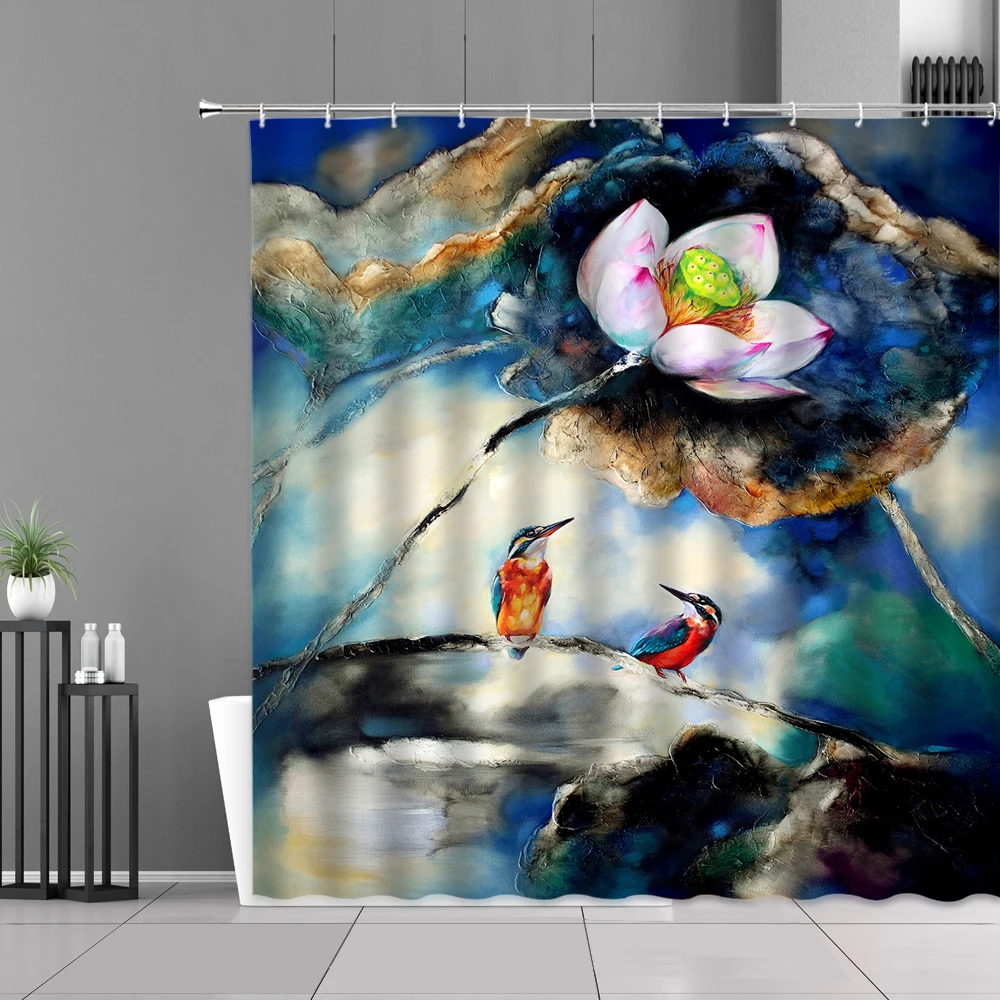 

Oil Painting Floral Shower Curtain Lotus Flower Bird Plants Scenery Waterproof Curtains European Style Home Bathroom Decor Cloth
