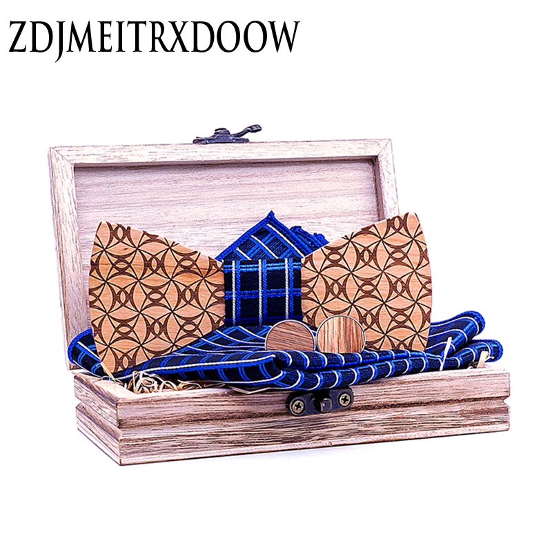 

Mens Wooden Bowtie Pocket Square Cufflinks Set Blue Jacquard Handkerchief Bow Tie Suit Wedding Accessories Gifts Engraving