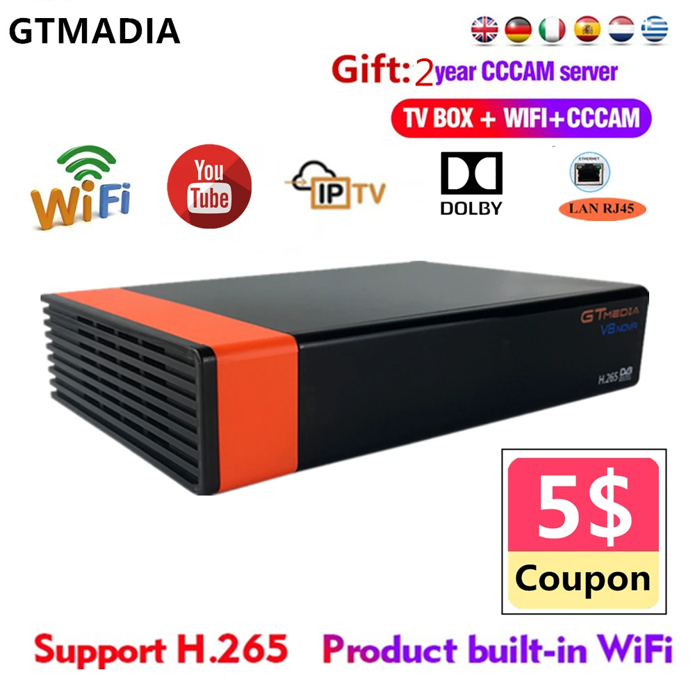 Европа 2 года Cccam GTMedia DVB S2 V8 Nova спутниковый приемник ТВ BOX Поддержка H.265, AC3, YouTube, Bisskey, IPTV Set-top BOX