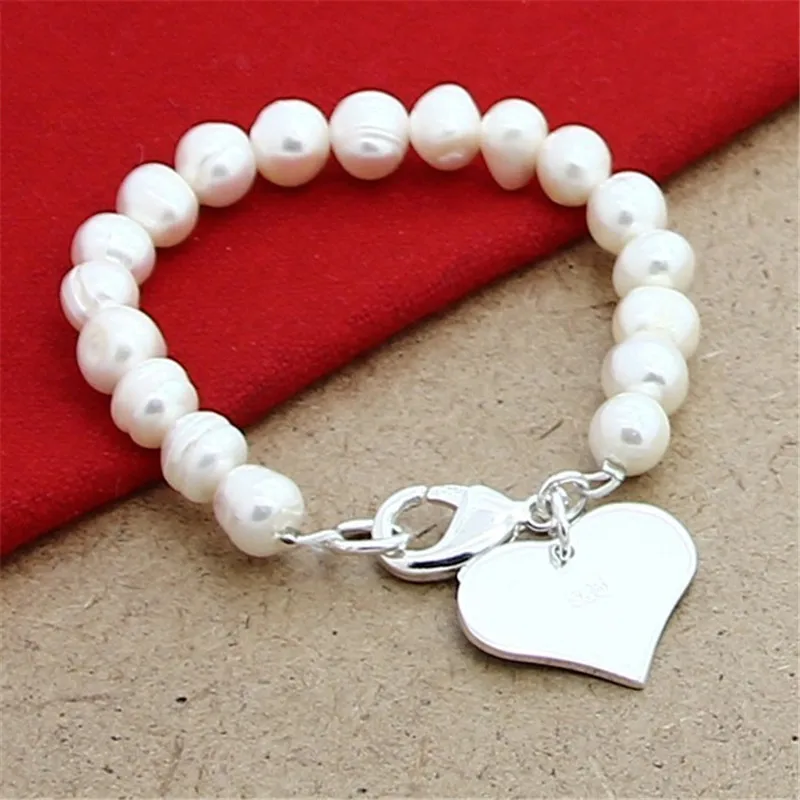 

New 925 Sterling Silver Bracelet Natural Freshwater Pearl With Heart Brand Bracelet For Woman Charm Jewelry Wedding Gift