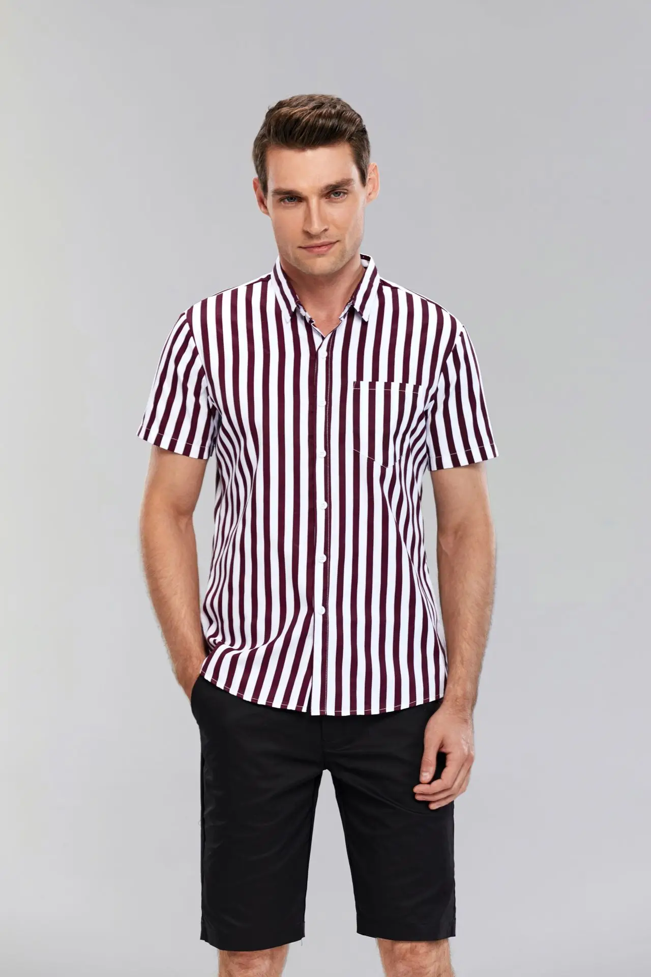 

2021 Summer New Men's Large Size Red Striped Printed Pattern Shirt Casual Loose Short Sleeve Top