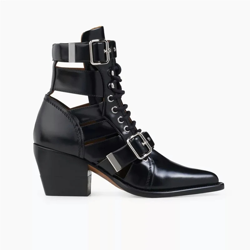 

Stylish Buckle Strap Women Medium Knight Booties Pointed Toe Chelsa Ankle Boots Runway Metallic Female High Heels Casual Shoes
