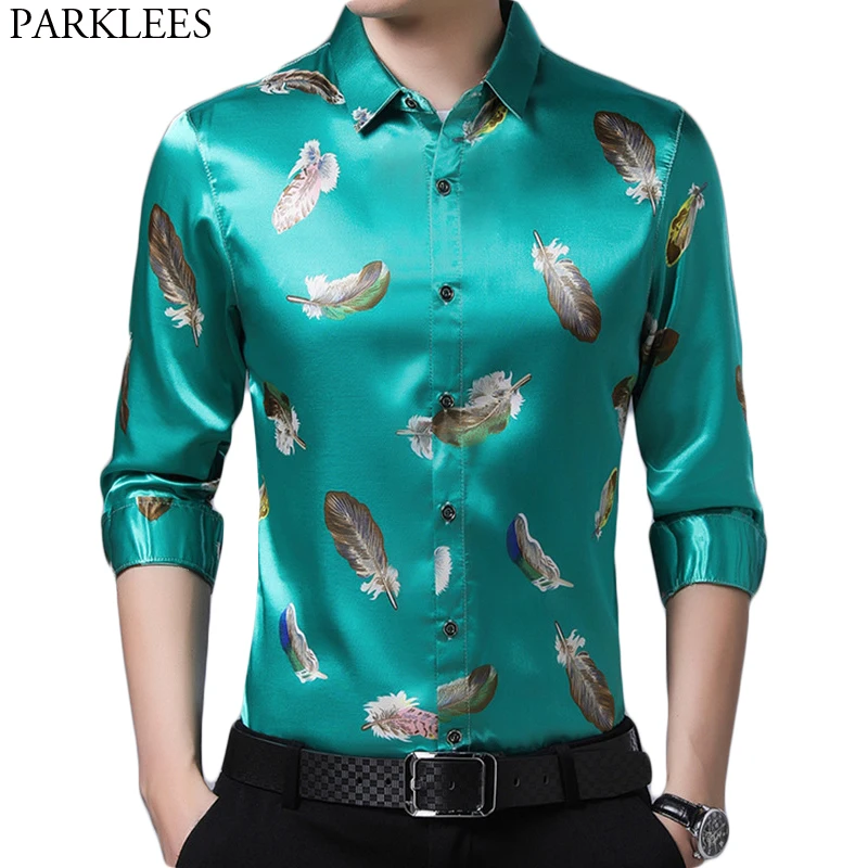 

Feather Print Blue Silk Satin Shirt Men 2020 Brand New Slim Fit Long Sleeve Mens Dress Shirts Casual Smooth Male Tuxedo Shirt