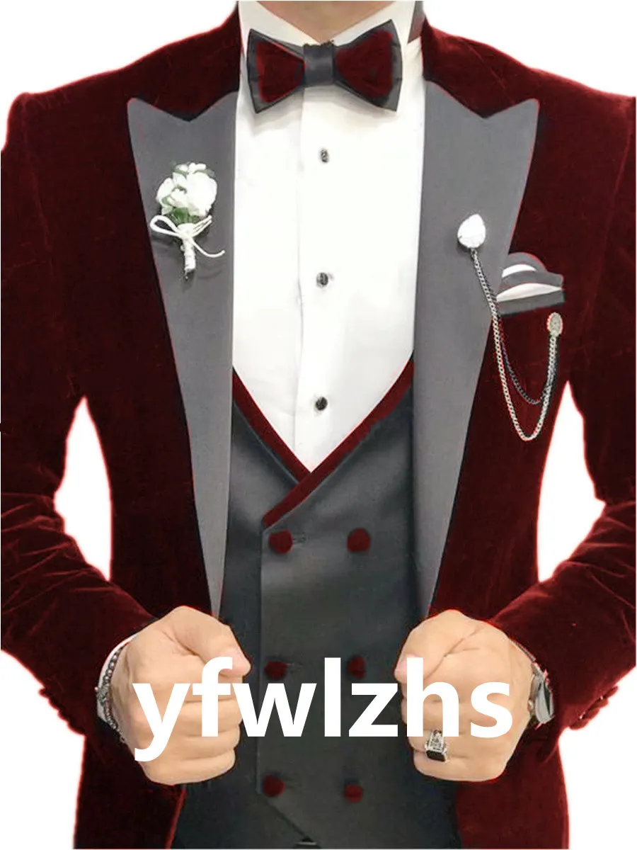 

Handsome Velveteen Groomsmen Peak Lapel Groom Tuxedos Men Suits Wedding/Prom/Dinner Best Blazer(Jacket+Pants+Vest+Tie) 315