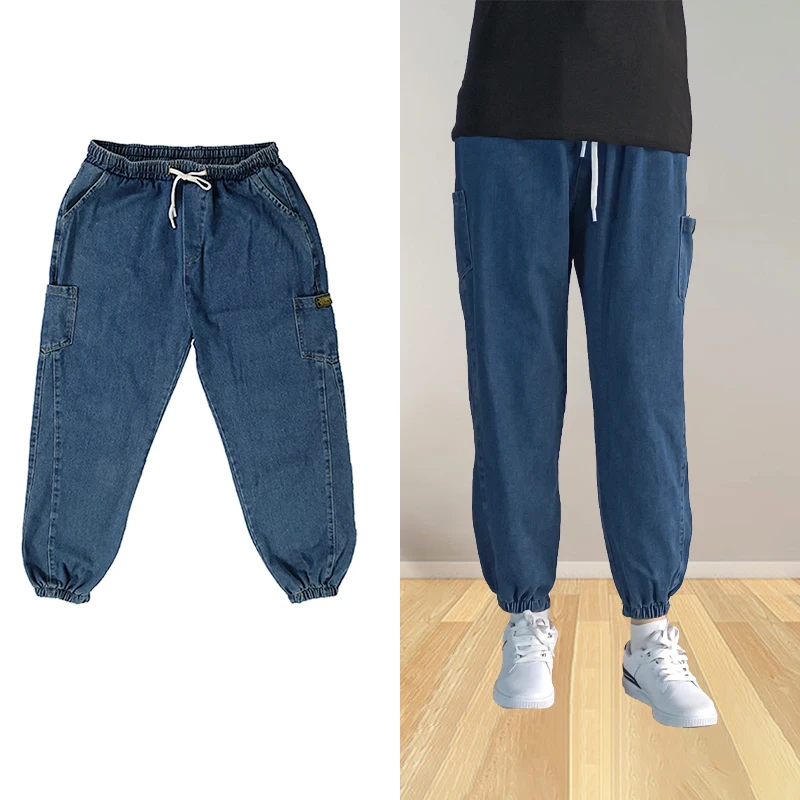 

Джинсы мужские мешковатые с боковыми карманами, повседневные брюки для мальчиков, с эластичным поясом, длинные штаны с широкими штанинами, уличная молодежная мода, стиль хип-хоп, синие Черные