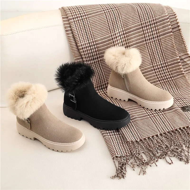 

Hjwsfdcai Women Winter Warm Cotton Boots Flat Outdoor Comfortable Casual Ladies Shoes Personality Side Zipper Mujer Ankle Boots
