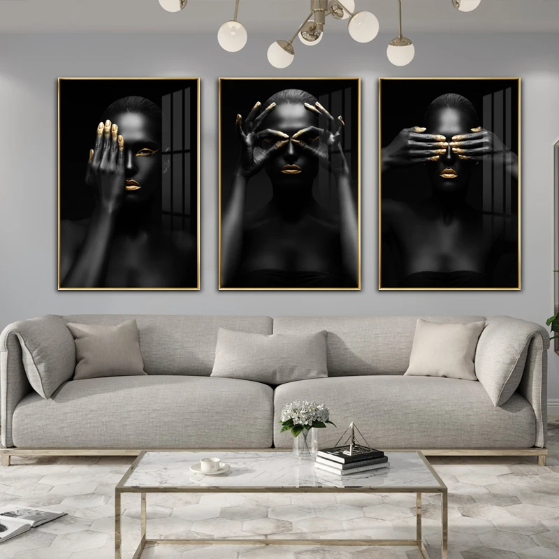 

Black Gold Makeup Woman African Sexy Modern Beauty Art Scandinavian Nordic Canvas Painting Poster Print Wall Pictures Home Decor