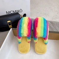 women winter home slippers for indoor rainbow fluffy fur couples non slip warm soft plush cotton outdoor pantoufles femme hiver