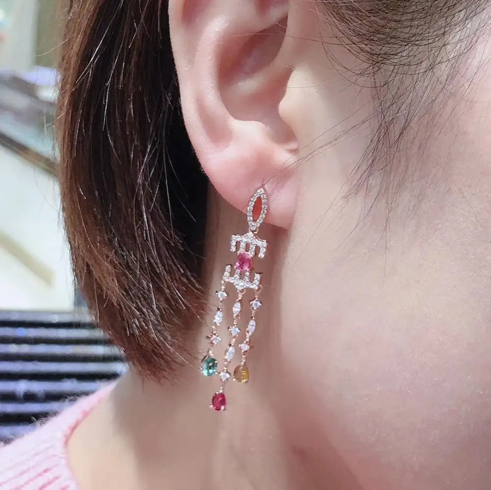 Роскошные Большие кисточки натуральный многоцветный Турмалин капли воды серьги