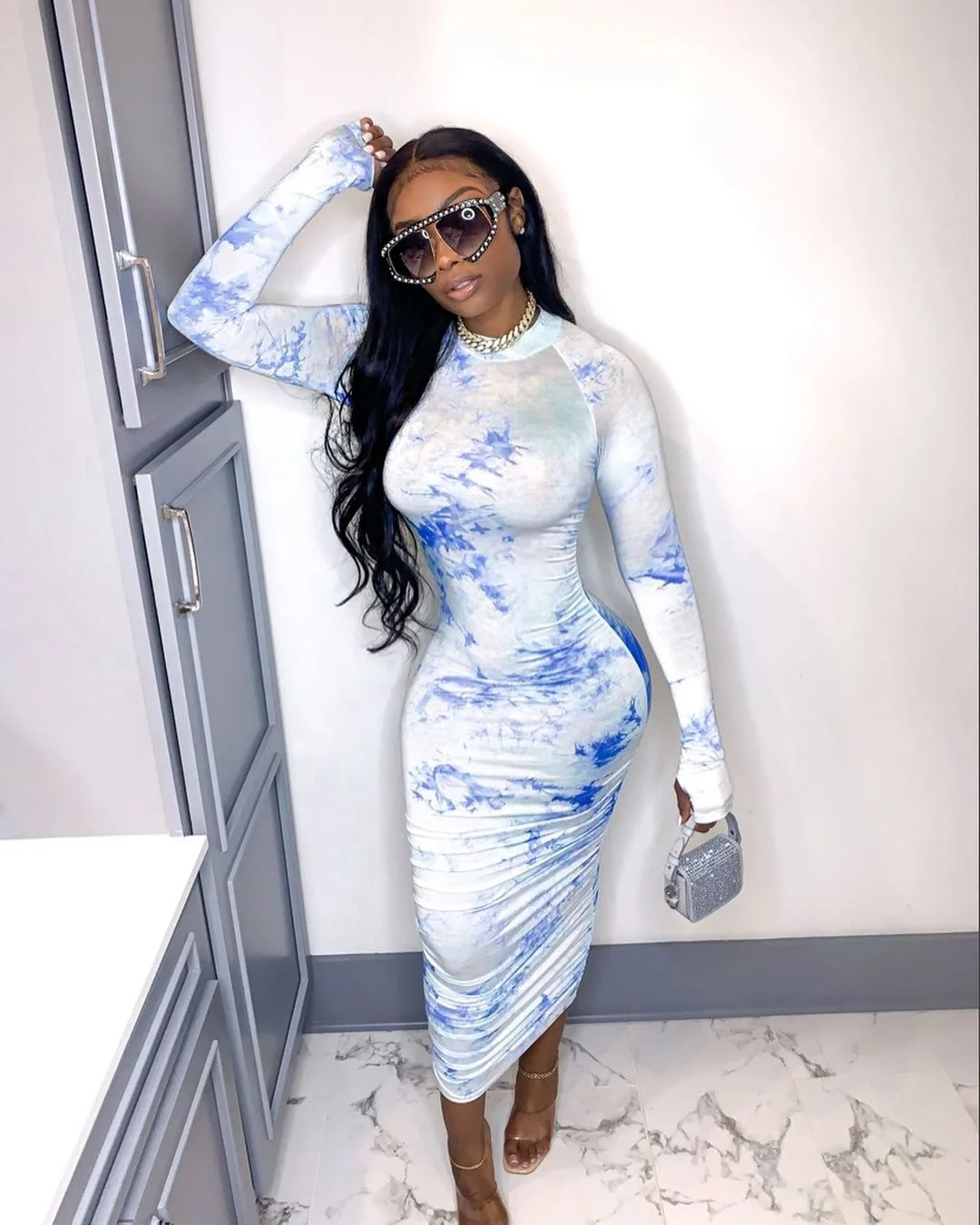 

Casual Women Dress Print Tie Dye Full Sleeve Pleated Dresses Streetwear Slim Bodycon Autumn Clothes For Women Outfit