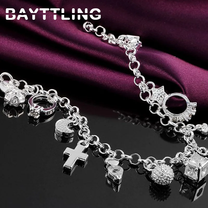 

BAYTTLING Silver Color 8 Inch Heart/Star/Cross/Round Pendant Bracelet Bangle For Woman Fashion Wedding Jewelry Gift