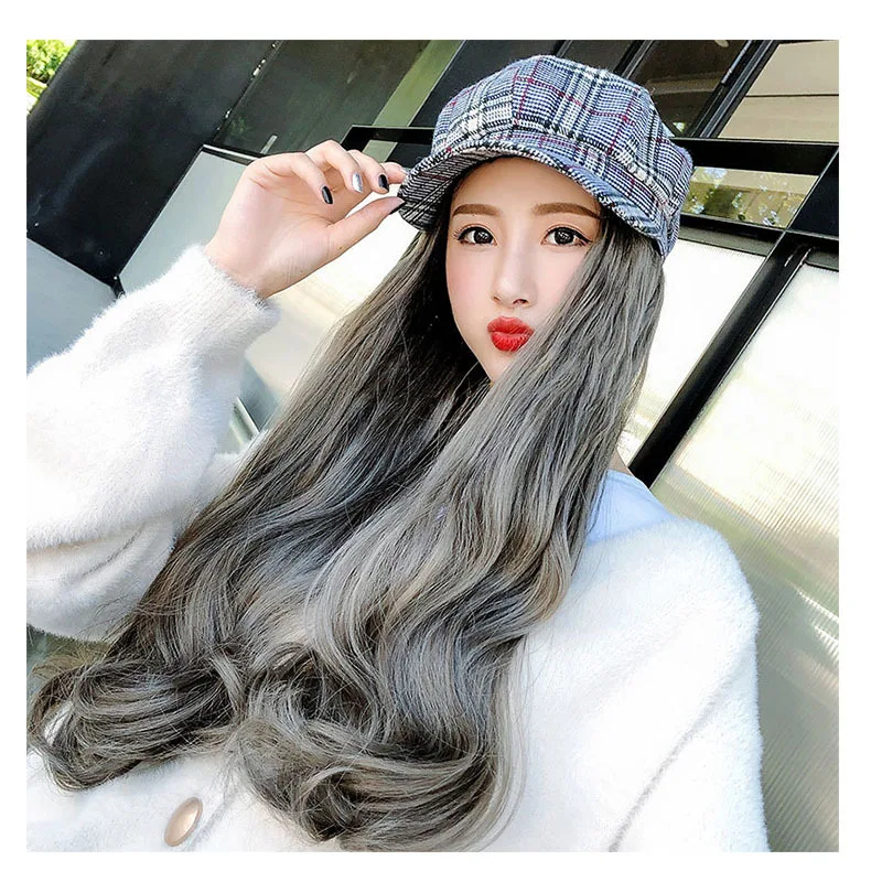 

Net Red Wig Women's Long Hair Hat One-Piece Women's Autumn and Winter Wave Roll Headgear Fashion Wig British Beret