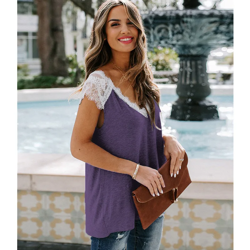 

Leosoxs Summer Sexy Deep V Neck Sleeveless Women's T Shirt 2020 Fashion Solid Lace Patchwork Loose Tops Ladies T Shirt Plus Size