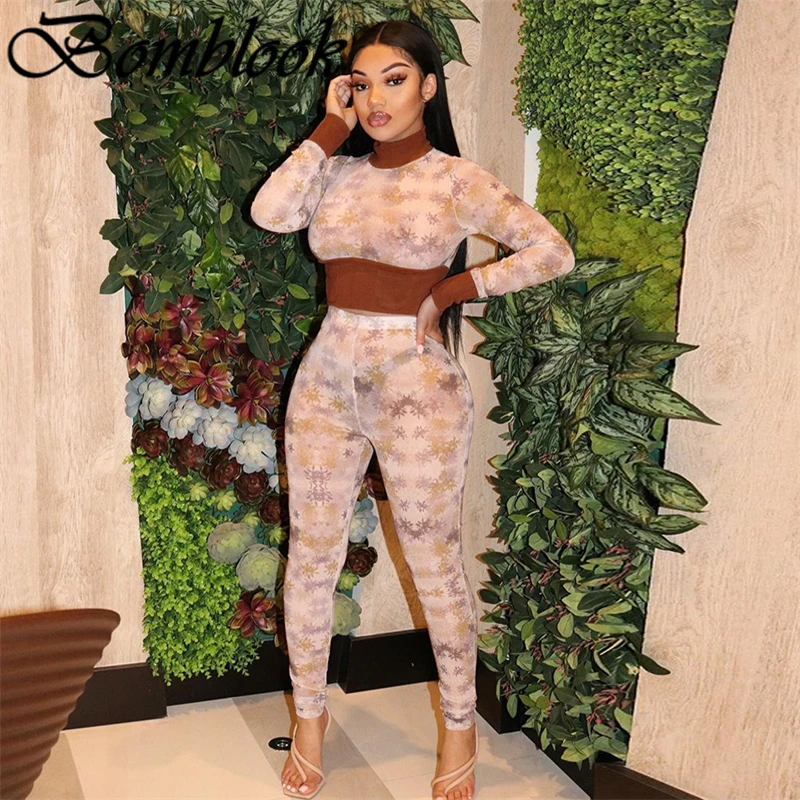 

Bomblook Casual Fashion Women's Suit Autumn 2021 Printed Turtleneck Long Sleeve Crop Tops Pencil Pants 2 Piece Sets Femme Outfit