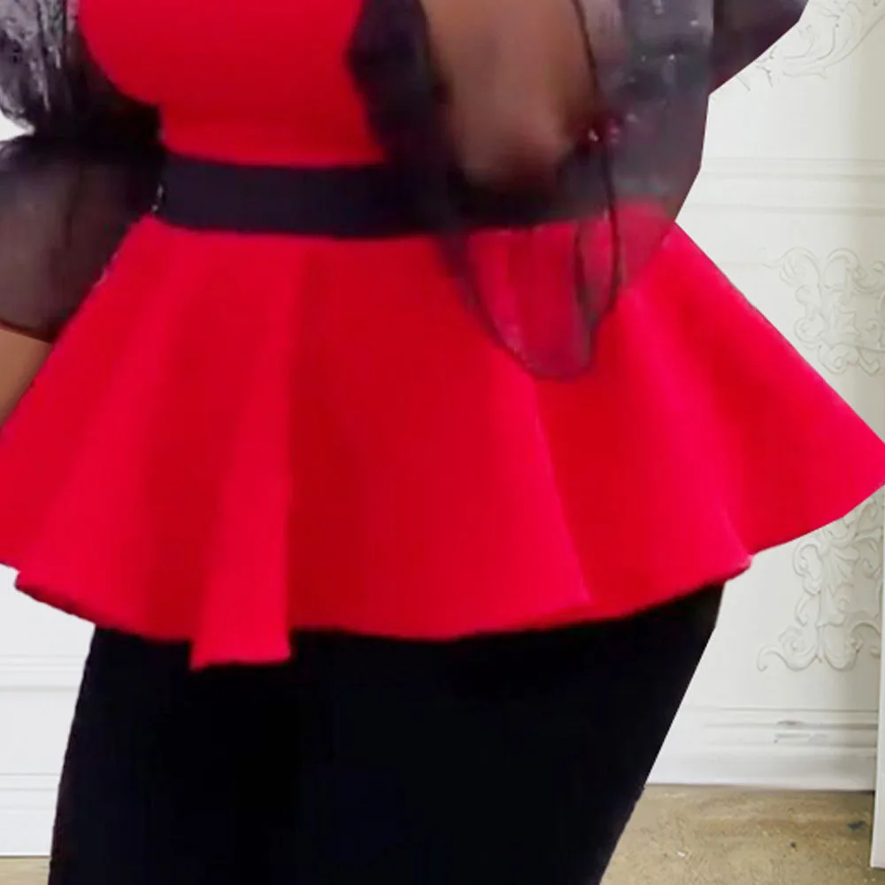 

2021 Summer New Round Neck Flared Sleeves High Waist Ruffle Splicing Color Contrast Blouse Casual All-match Oversize African