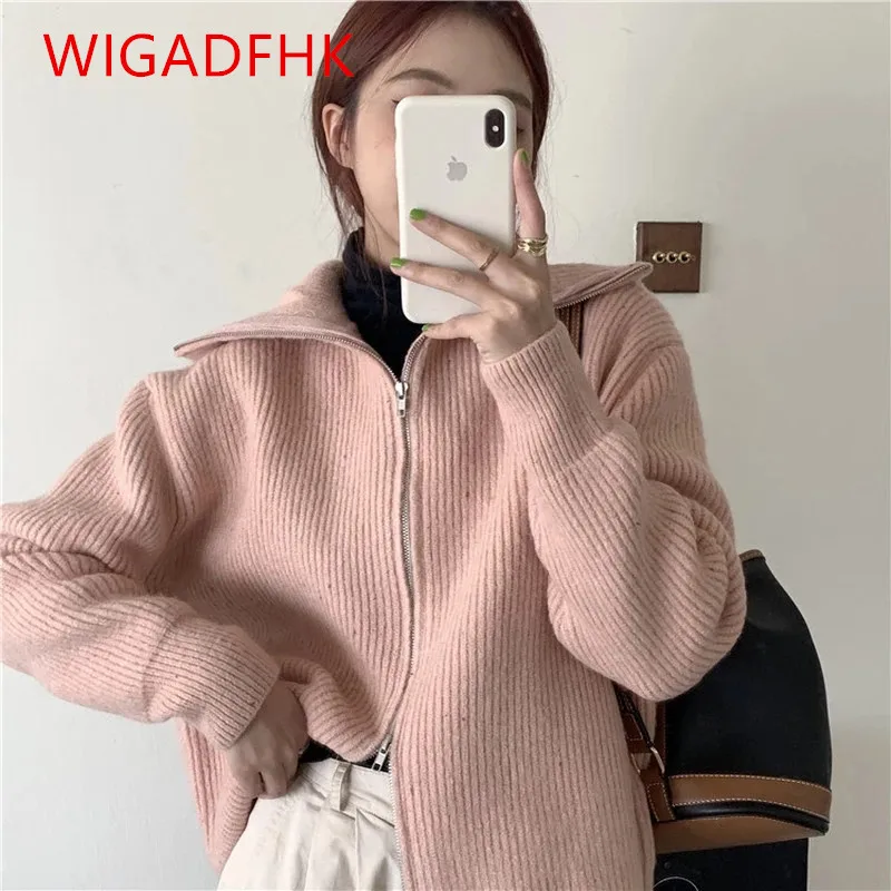 

Fashion Sweet Loose All-match Long Sleeve Pink Turtleneck Sweater Women Zipper Cardigan Autumn Knitted Coat Sueters De Mujer