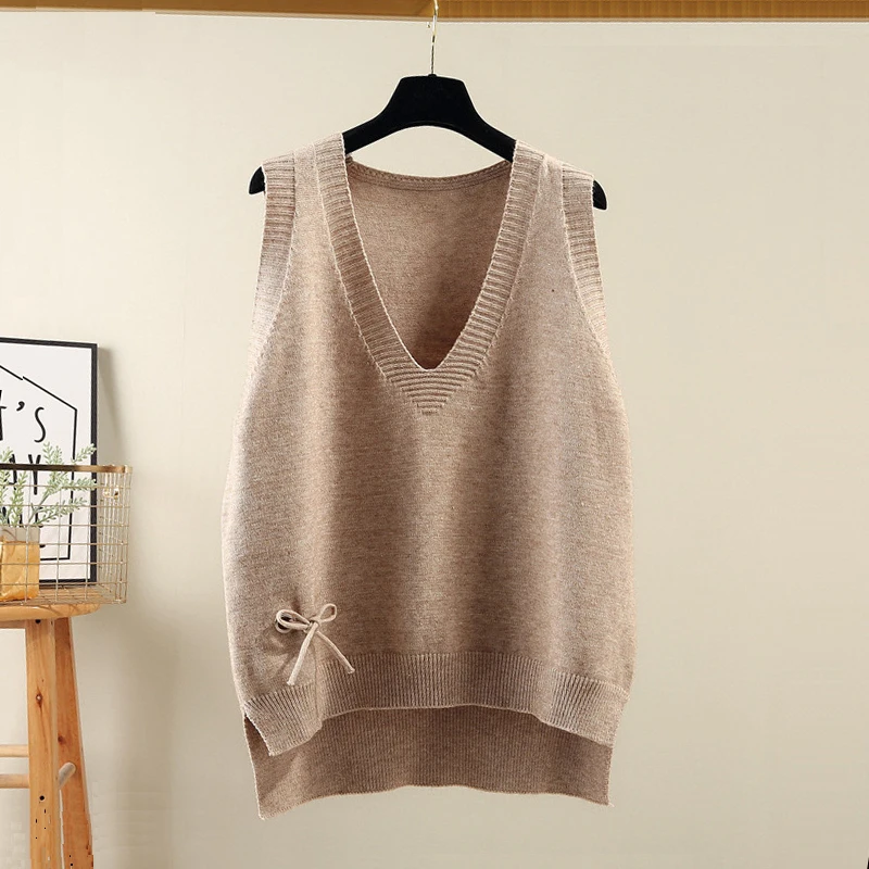 

Knitted Vest Women Sweater Sleeveless Garment 2019 Autumn Vintage Deep V Neck Bandage Bow Knitted Tops School Student Pullovers