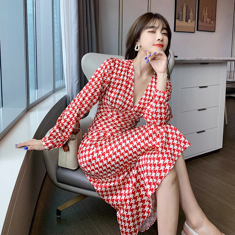 

2021Summer Women's Vintage Dress Korean Clothes Elegant Lady V-Neck High Waist Red Houndstooth Sexy Dress Femme Robe