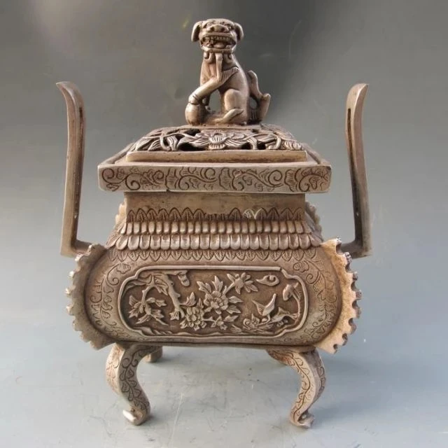 

Elaborate Chinese Antique Copper Peony Incense Burner & Dog Lid with Ming Dynasty Xuan De Mark