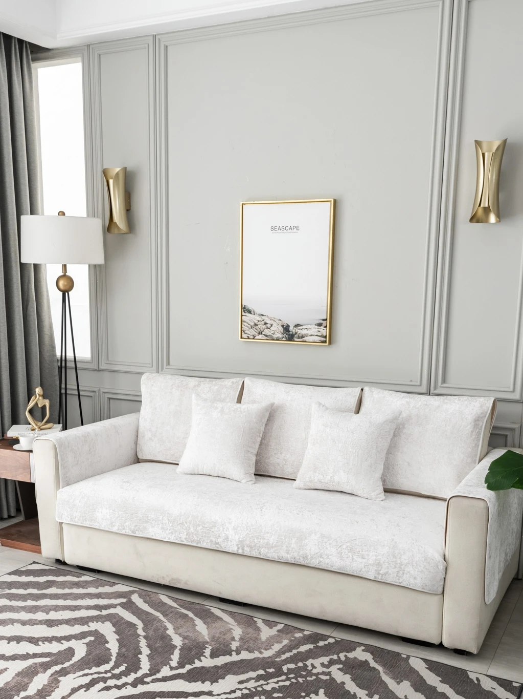 Бархатный нескользящий чехол для дивана в скандинавском стиле на заказ Белый