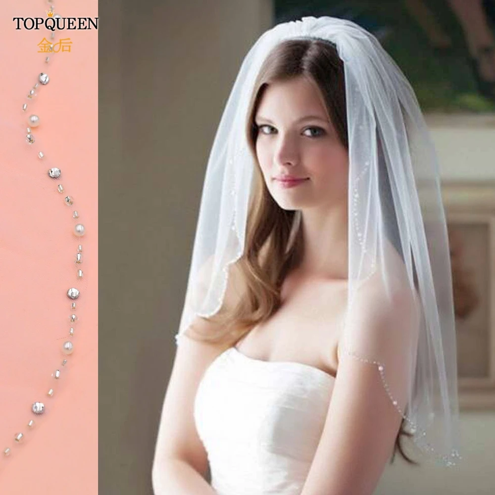 

TOPQUEEN V33 Luxury Bead Edge Simple Bridal Tulle White Ivory Elegant Wedding Veil with Hair Comb for Women Marriage Veil