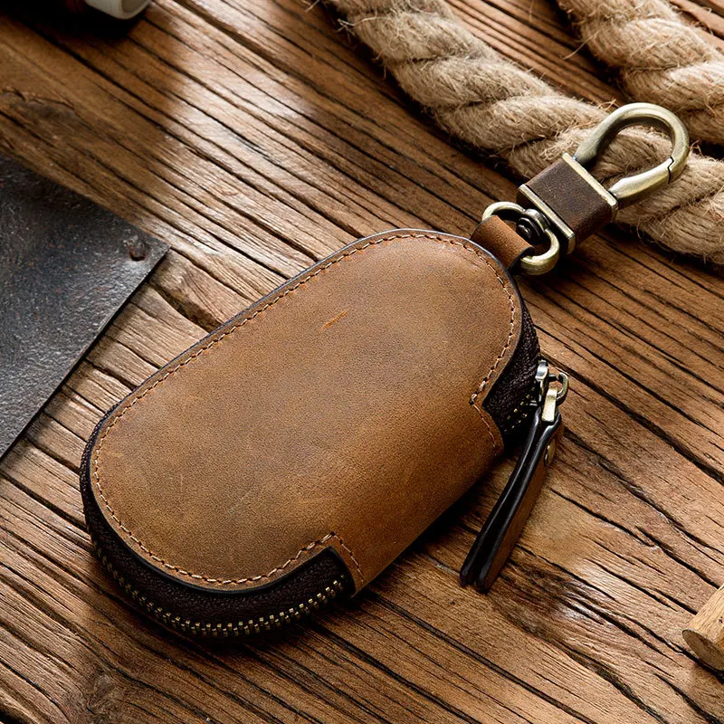 

Retro Classy Zipper Car Key Case Cover Genuine Cowhide Leather Keychains Holder Auto Accessories Keyring Set Manual Keys Bag