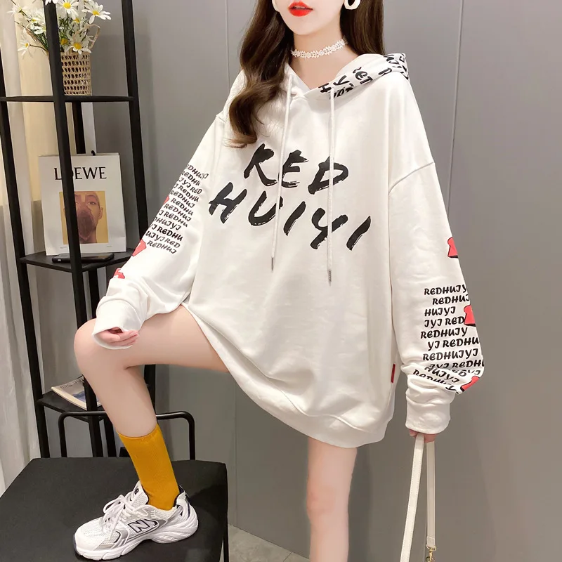 

Net Red Medium and Long Hooded Women Lazy Wind Autumn Age-reducing Cartoon Letter Print Jacket Jacket Tide 2020 New Model Women