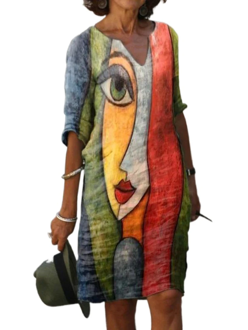 

Женская мода Свободный Повседневный цветочный принт винтажный принт V-образный вырез средний рукав летнее платье больших размеров