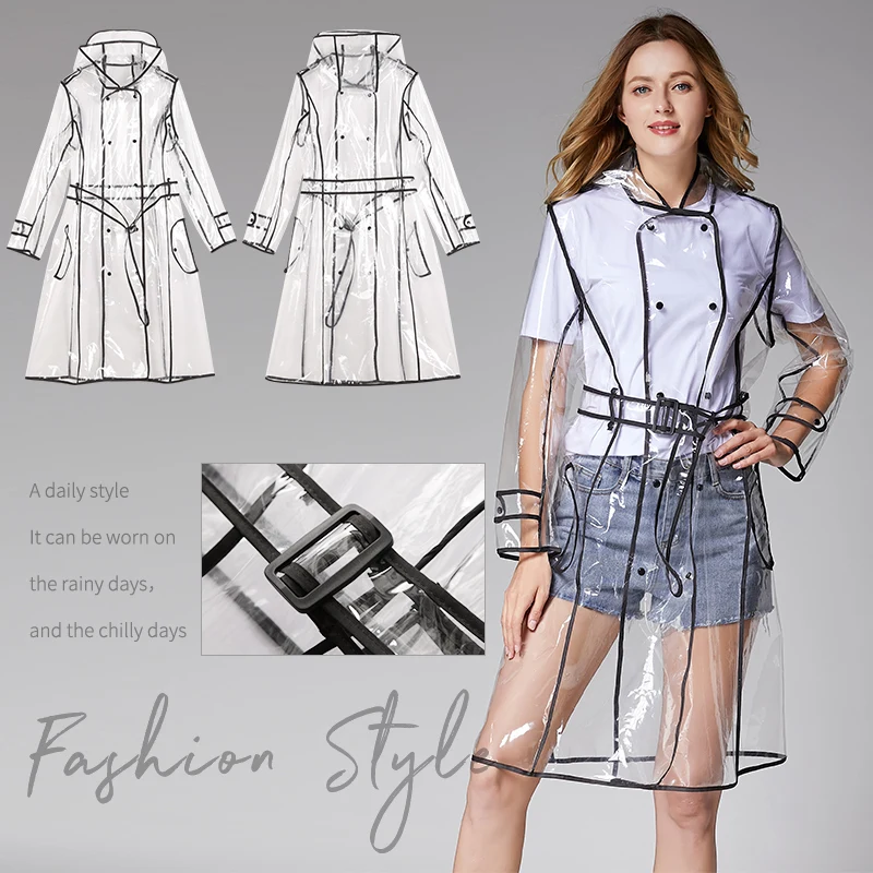 

Fashion EVA Transparent Soft Rain Cover Long Raincoat Woment Hemmed Belt Long Performance Playing With Water